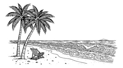 Obraz premium Hand drawn line art illustration of a tropical beach scene depicting palm trees, ocean waves, and a beach chair for summer vacation and relaxation concepts