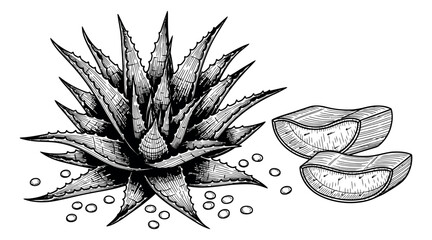 Obraz premium Hand drawn line art aloe vera botanical set featuring a whole plant, sliced leaves, and gel droplets for natural cosmetic and herbal medicine use