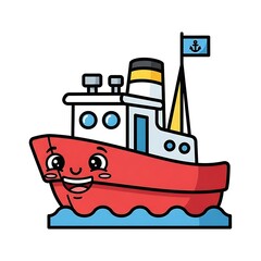 Obraz premium Cartoon Tugboat with Smiling Face Illustration.