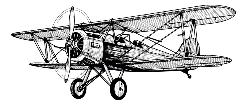 Hand drawn line art illustration of a vintage biplane depicting an old aircraft for retro transport