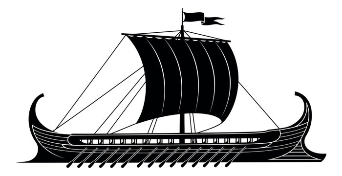 Graphic illustration of an ancient galley ship depicting ancient seafaring and navigation for historical design projects