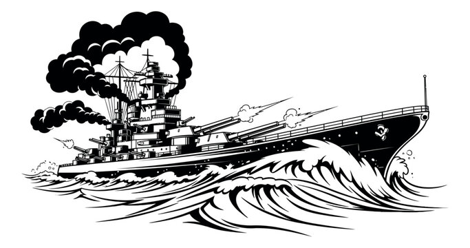 Bold line art illustration of a battleship depicting firing cannons and steaming on rough seas for military or naval themes