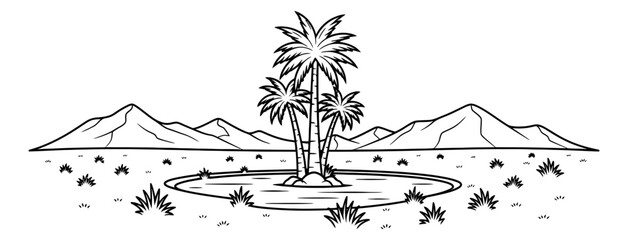 Naklejka premium Hand drawn line art illustration of a desert oasis depicting palm trees, water, and mountains for nature and travel