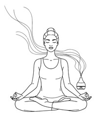 Obraz premium Hand drawn line art illustration of a woman in meditation with an essential oil diffuser depicting relaxation for wellness