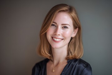 Young woman with auburn hair offers a warm, genuine smile directly to the viewer