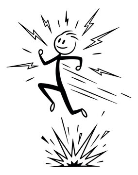 Hand drawn line art illustration of a stick figure man depicting a powerful jump for expressing energy and innovation