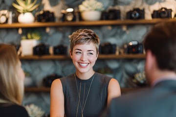 Friendly customer service professional interacts with clients in a retail setting with vintage cameras on display