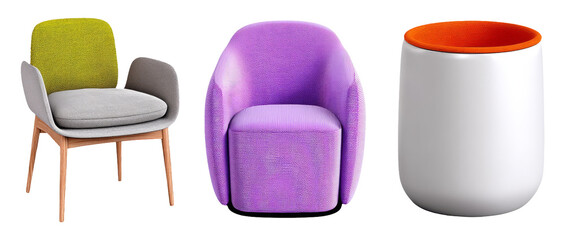 Modern Interior Objects Featuring Unique Chairs and Colorful Design Elements