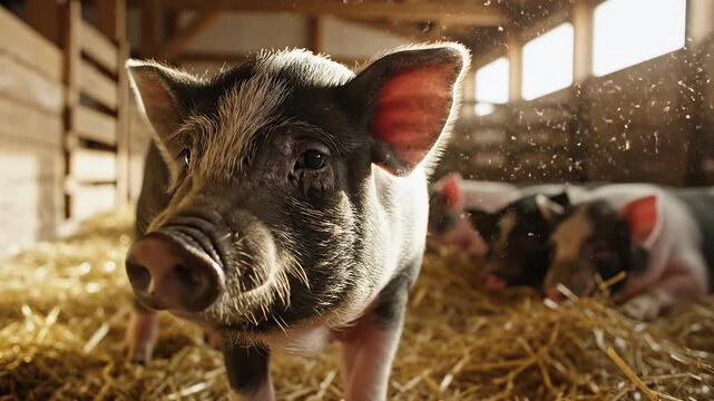Pigs in a barn with hay