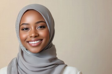 Radiant young woman with dark skin wears a shimmering pale gray head covering and offers a broad, warm smile.