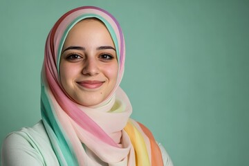 Young woman wearing a brightly colored striped headscarf smiles confidently against a solid background