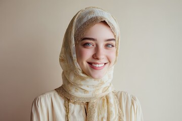 Young woman wearing a light colored traditional head covering smiles warmly against a neutral background