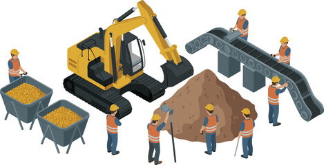 Isometric mining and construction site illustration with excavator conveyor belt workers handling materials industrial excavation process vector scene design concept