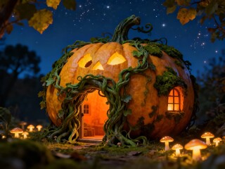 Naklejka premium A whimsical pumpkin house glowing at night with vines and mushrooms in a magical forest setting