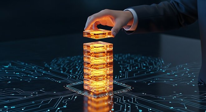 Businessman building blocks of data on circuit board background