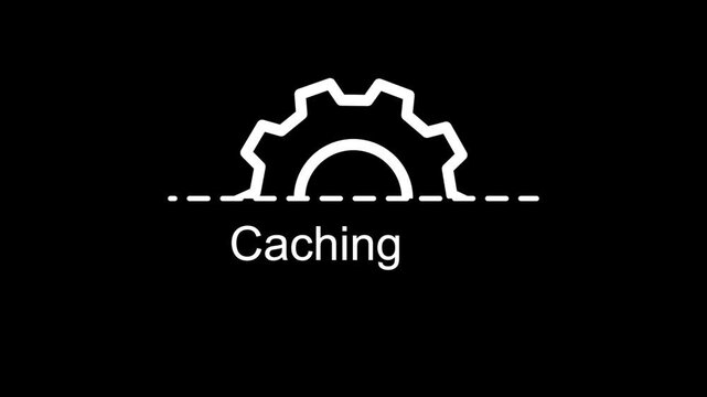 Caching gear icon animation on black background, system cache process progress indicator, technology software performance