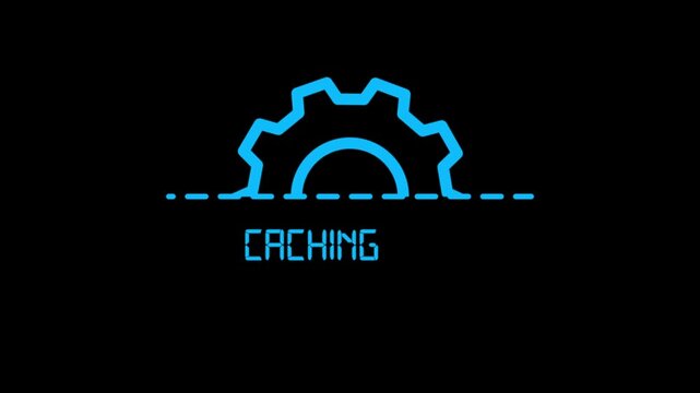 Caching gear icon animation on black background, system cache process progress indicator, technology software performance