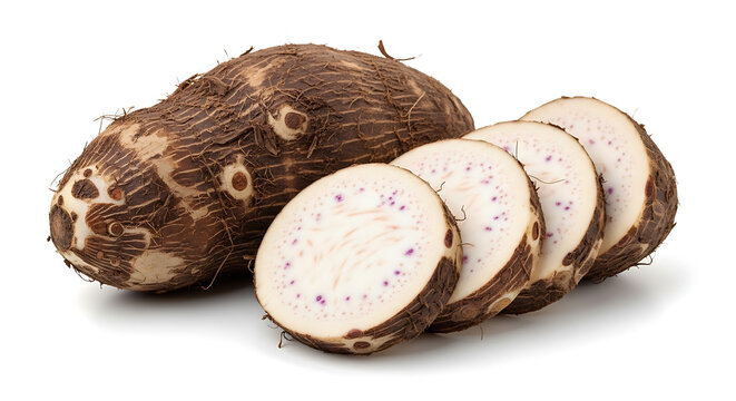 Fresh Taro Root Whole and Cut with Speckled Inner Texture