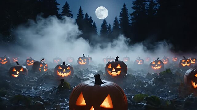 Spooky Halloween Night - Glowing Pumpkins in a Misty Forest Under the Full Moon.