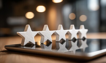 Five Star Rating Concept on Tablet Device with Feedback Icons in Modern Environment