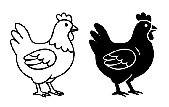 Hen illustration icon, black and white in outline and silhouette style