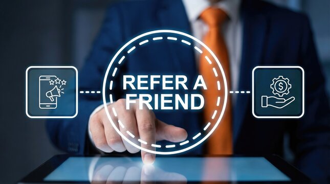 Businessman referring a friend through mobile app for rewards