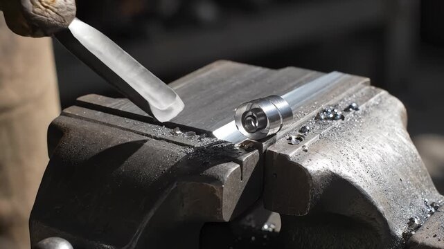 Person Carving Metal With Gouge Tool on Vise in Workshop