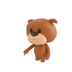 Fototapeta premium Cute 3D render Bulldog character pointing down at the ground in front, indicating or highlighting something, friendly mascot style, isolated on white background.