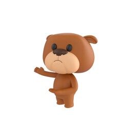 Fototapeta premium Cute 3D render Bulldog character presenting with both hands to the side, friendly and welcoming mascot style, isolated on white background.