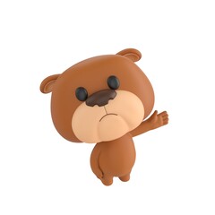 Fototapeta premium Cute 3D render Bulldog character looking up at the camera while gesturing to the side with one hand, friendly and welcoming pose, isolated on white background.