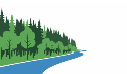 Minimal winding river and dense forest vector illustration in modern flat style for branding graphics © Md
