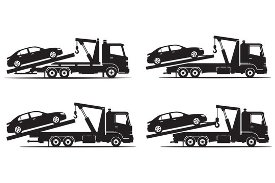 A series of black silhouettes showing a car being towed away by a truck