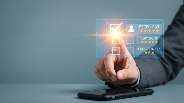 Businessman giving excellent rating on mobile feedback survey