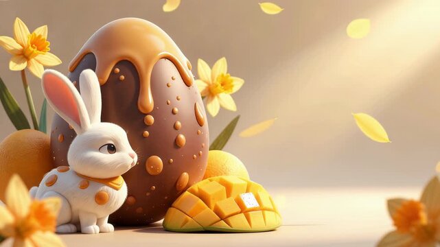 Digital art of a white bunny with orange spots, sitting next to a chocolate-covered egg with dripping caramel, and a yellow pie with a checkered pattern. Daffodils and a soft.