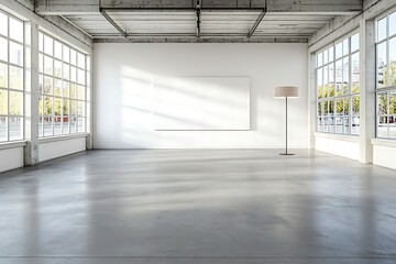 Fototapeta premium Bright and Spacious Minimalist Interior with Tall Windows and Floor Lamp in Modern Design