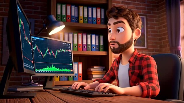 Observing financial charts, this man performs Tick Data Analysis on multiple screens in his home office.
