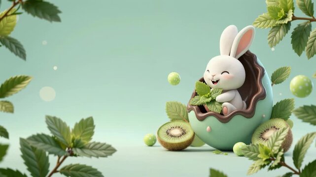 CGI image of a cute white bunny with large ears, sitting in a green chocolate cup filled with mint leaves. The cup has a brown chocolate rim. 