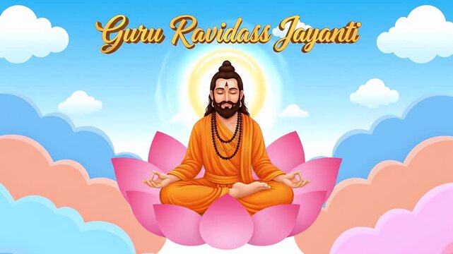 Guru Ravidass Jayanti illustration showing the saint in meditation on a lotus.
