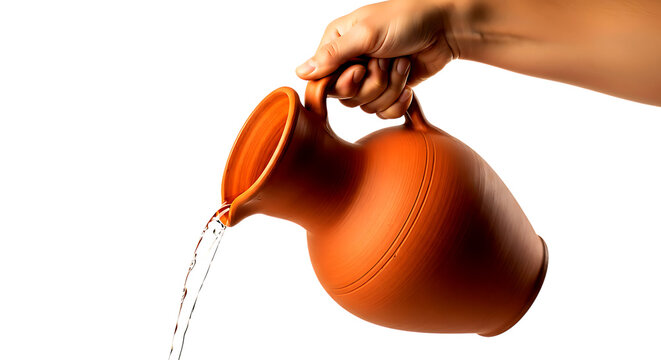 A human hand holds a traditional terracotta clay pitcher, pouring a stream of fresh water