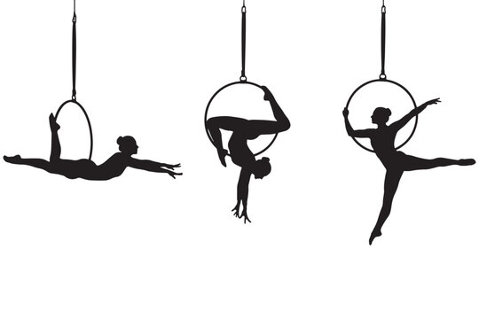 Three aerialists performing acrobatic poses on aerial hoops against a white background