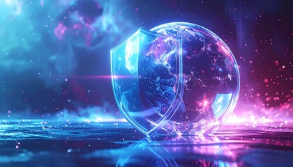 Obraz premium A futuristic neon-lit globe with a shield on a cosmic background