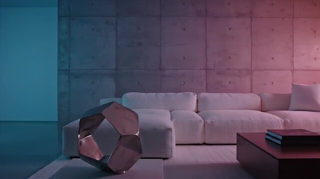 Modern interior design with abstract geometric sculpture and ambient lighting.
