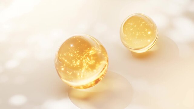 Two 3d animation golden elixir serum capsule or cosmetic oil with glittering particles moving slowly and creating reflections on a clean white surface