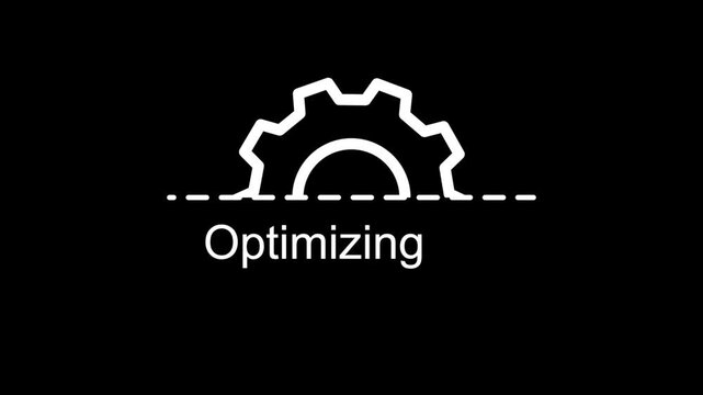 Optimizing gear icon animation on black background, system performance improvement progress indicator