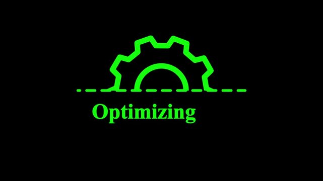 Optimizing gear icon animation on black background, system performance improvement progress indicator, technology software tuning