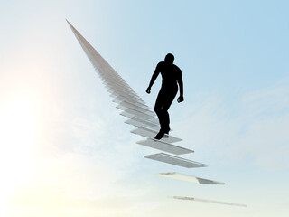 天に続く長い階段をのぼる男性のシルエット　3Dイラストレーション