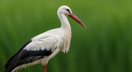 Fototapeta premium Majestic white stork with striking red beak and black-tipped wings stands gracefully in its natural habitat, a symbol of wild beauty and ecological balance