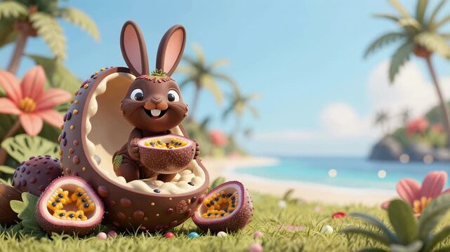 cute brown bunny with leaf-like ears, sitting inside a brown, speckled egg-shaped vehicle, holding a sliced, speckled fruit, tropical beach background, palm trees, blue sky.