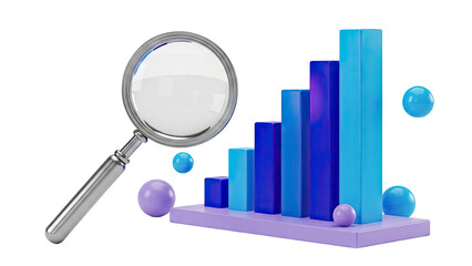 Magnifying glass over bar graph with spheres