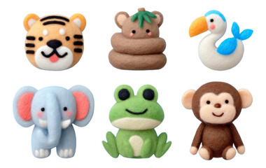 Obraz premium Colorful Felted Jungle Animals on a Transparent Background for Creative Use